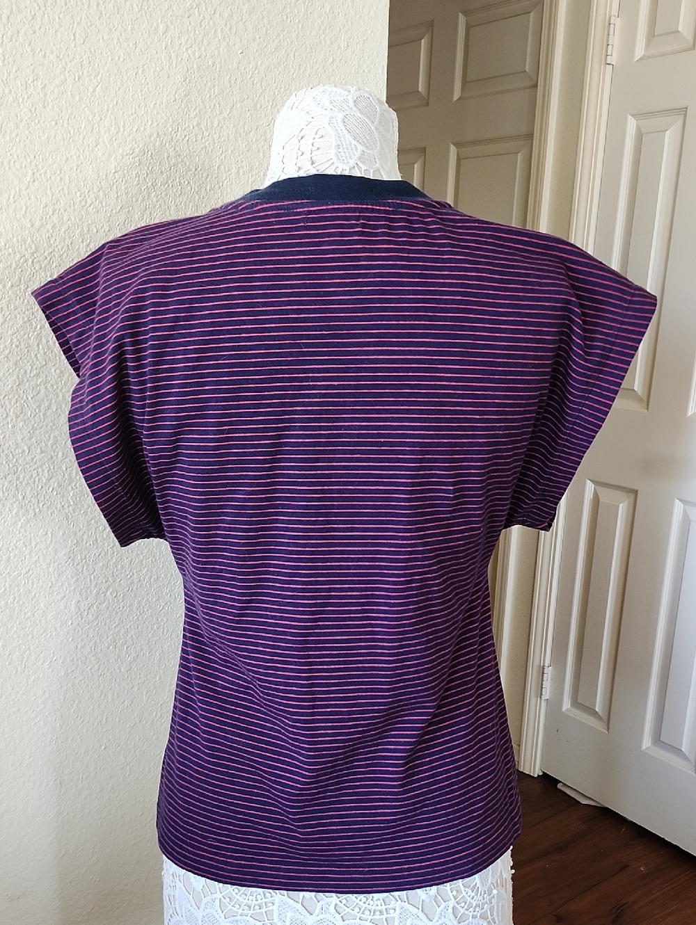 Pistola Marina Purple Stripe Stretch Cap-Sleeve Muscle Tee Top Size M New - Picture 4 of 9